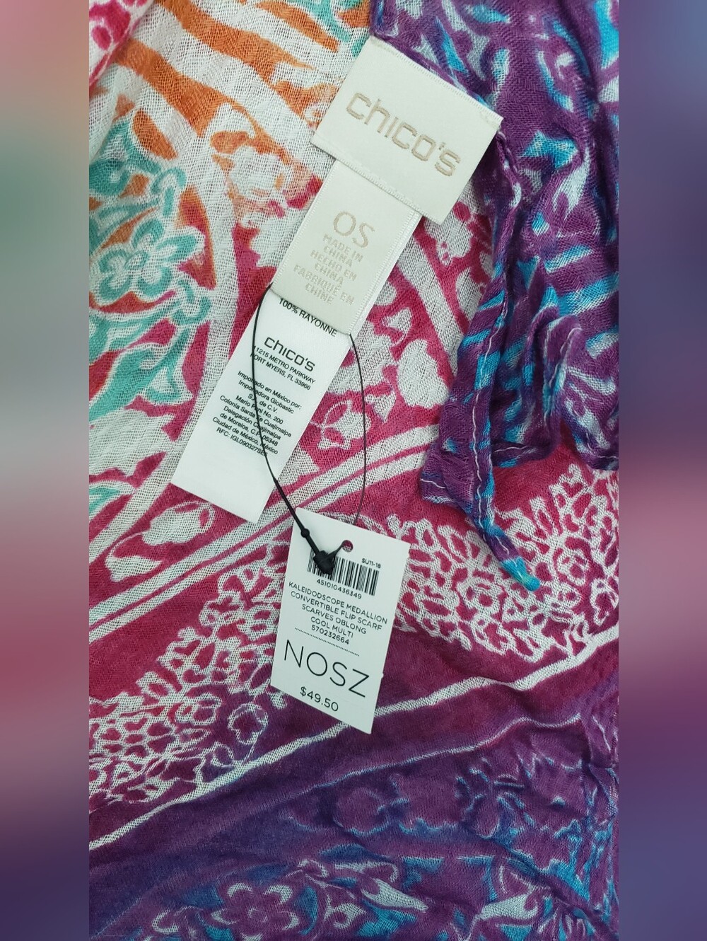 Chico’s Kaleidoscope Medallion Convertible Flip Scarf Oblong Infinity Loop Wrap - Picture 2 of 5